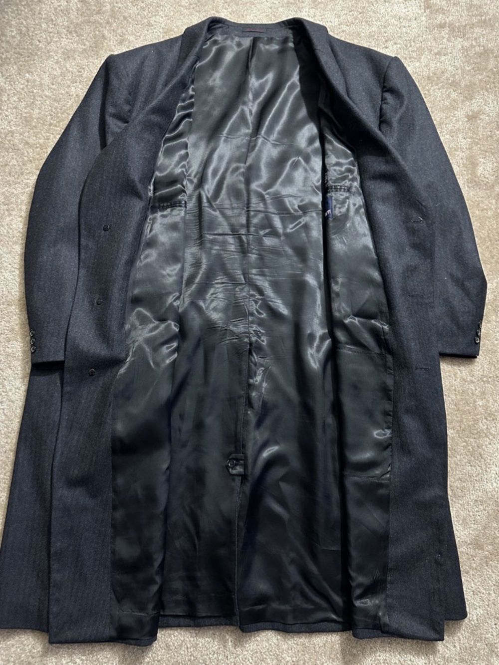 Vintage Nino Cerruti Long Wool Coat 100% Wool Designer Overcoat Navy Blue Gray